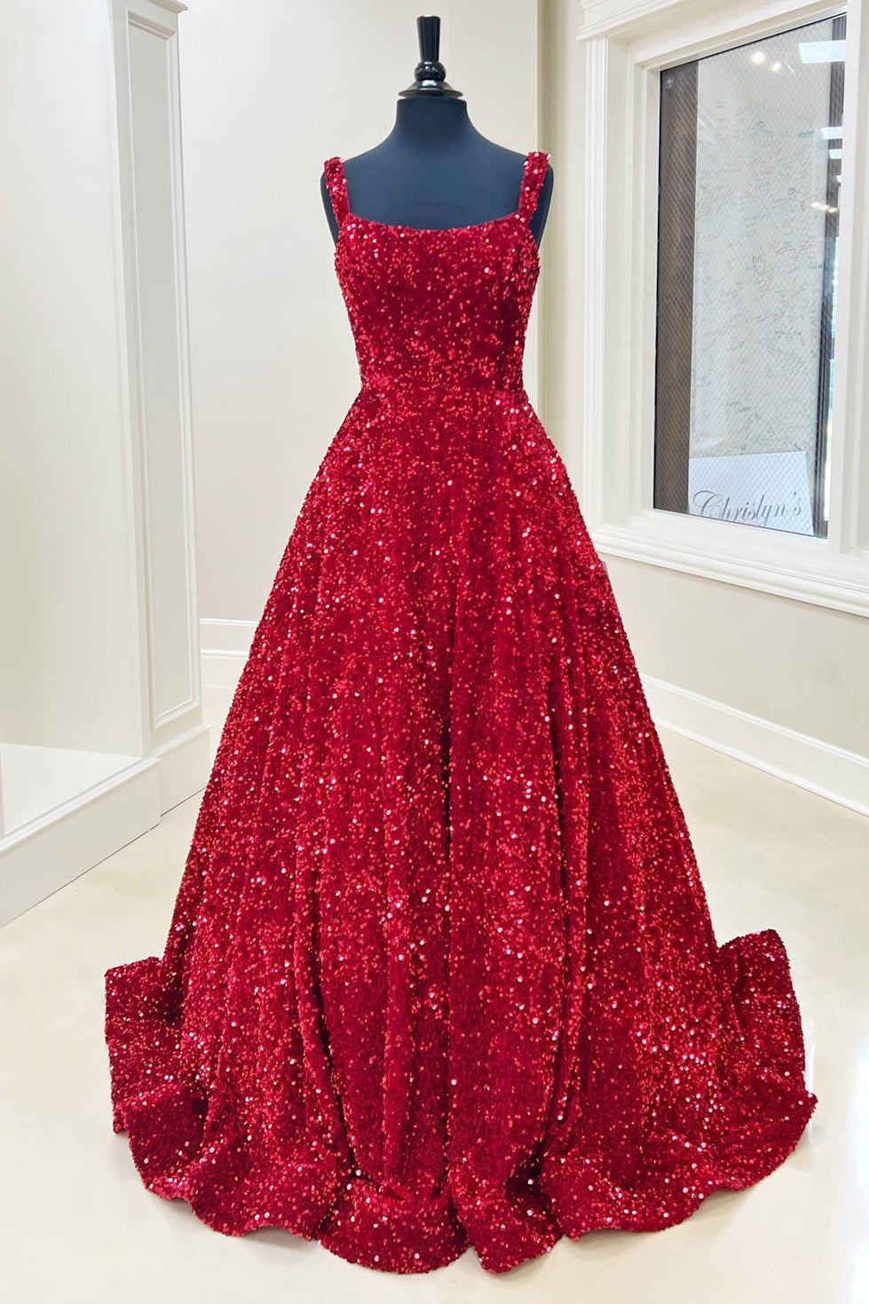 Shop spaghetti straps rose red sequin mermaid prom dress from Hocogirl.com